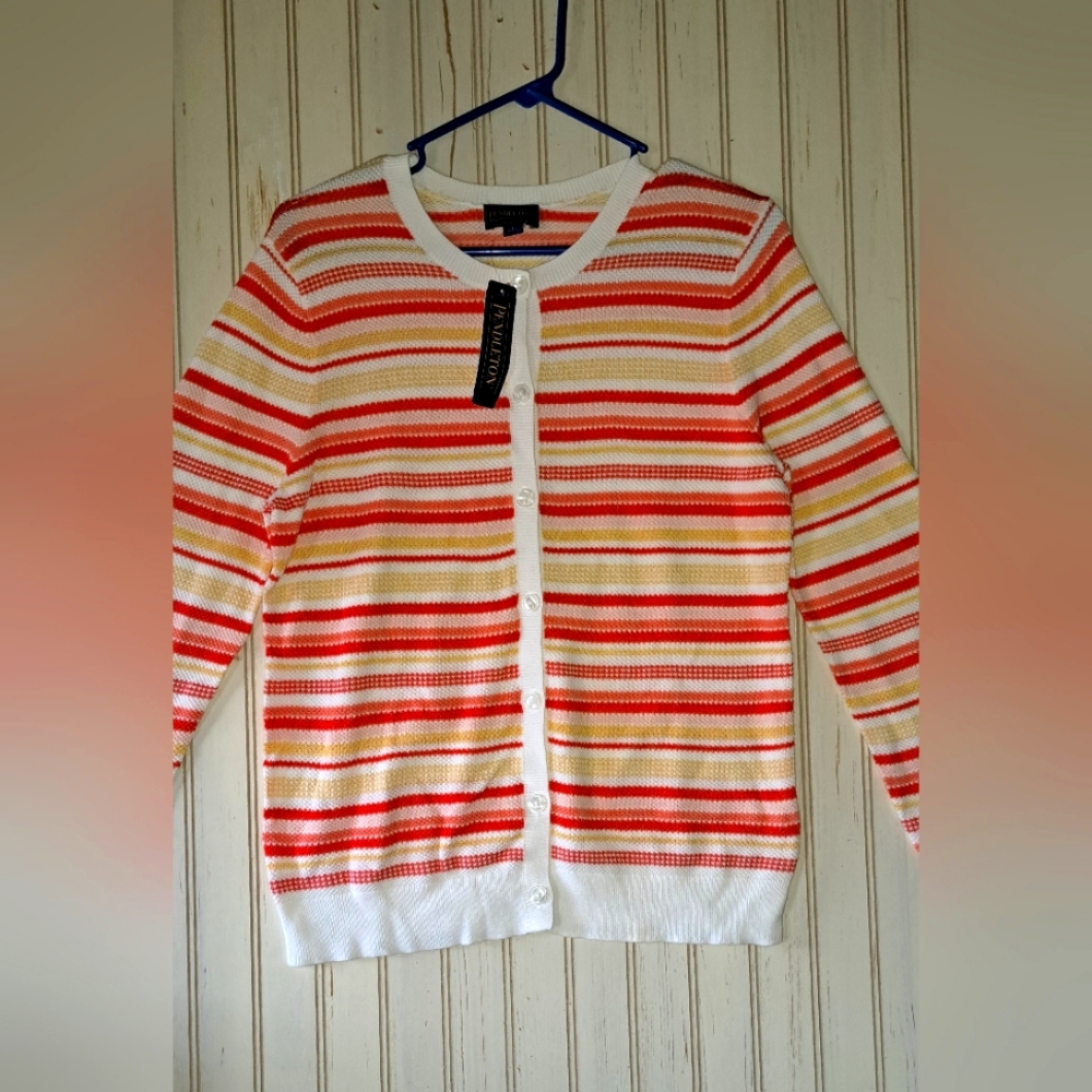 NWT PENDLETON Orange Yellow Striped Button Down Cardigan Sweater LP